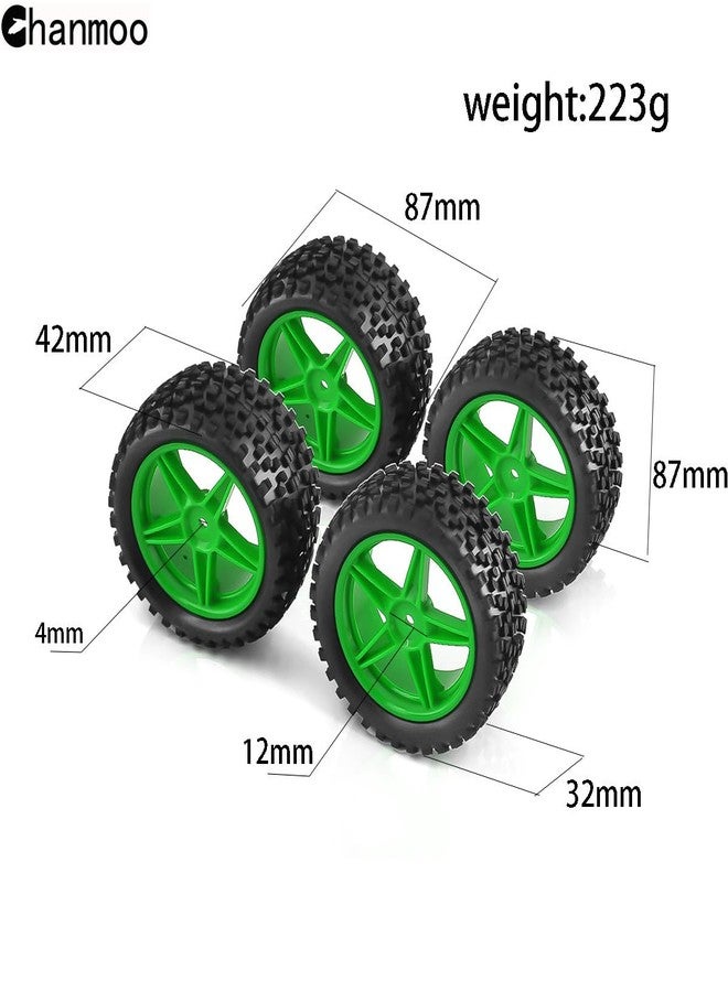 Chanmoo 1/10 RC Off Road Tires and Wheels Rims 12mm Hex Set Front and Rear 87mm Rubber Buggy Tyres Foam Inserts for 1:10 Off-Road Car HSP Kyosho HPI Tamiya HSP 94107 94166 94106 94155 4PCS (Green) - Image 2